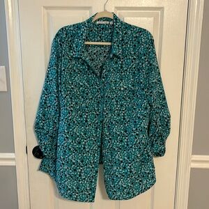 Button down teal black and white blouse.